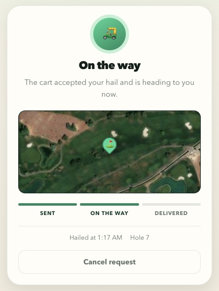 The golfer's screen showing the cart is on the way
